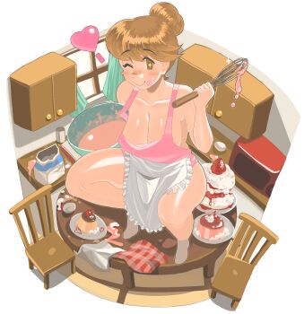 1girl bare_shoulders breasts brown_hair cake chair cherry chzzei collarbone cooking food fruit highres kill_la_kill mankanshoku_sukuyo mature_female one_eye_closed smile solo squatting strawberry table thighs