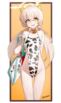 1beombeom 1girl absurdres animal_print bag bare_shoulders bell blue_archive blush breasts brown_hair cow_print cow_print_leotard hair_between_eyes hair_ornament halo hifumi_(blue_archive) highleg highleg_leotard highres leotard long_hair looking_at_viewer low_twintails neck_bell open_mouth shoulder_bag smile solo swimsuit twintails wing_hair_ornament yellow_eyes yellow_halo