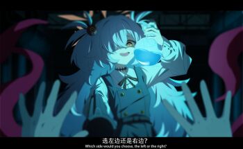 1girl absurdres aiming antique_firearm blue_archive blunderbuss brown_halo brown_ribbon crazy crazy_eyes crazy_smile diagonal-striped_ribbon dress dusk_ming firearm firelock flask flintlock glowing glowing_eye gun hair_ornament hair_over_one_eye halo highres holding holding_flask kanoe_(blue_archive) looking_at_viewer open_mouth pinafore_dress pov ribbon round-bottom_flask scar scar_on_neck shaded_face sleeveless sleeveless_dress smile solo sphere_hair_ornament tilted_halo weapon