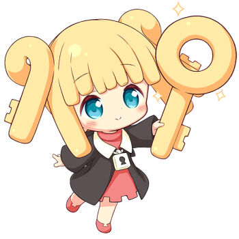 Rule 34 | 1girl, aikei ake, black jacket, blonde hair, blue eyes, blush stickers, chibi, closed mouth, commentary request, dress, full body, holding, jacket, key, long sleeves, original, personification, pink dress, pink shoes, shoes, simple background, sleeves past wrists, smile, solo, sparkle, standing, standing on one leg, white background, wide sleeves