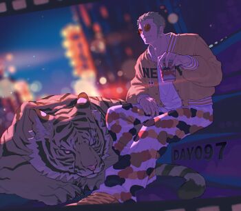 Rule 34 | 1boy, blurry, blurry background, closed mouth, earrings, epcl4zj4u, glint, green hair, highres, jacket, jewelry, night, one eye closed, one piece, orange-tinted eyewear, orange jacket, roronoa zoro, scar, scar across eye, scar on face, sideburns, sitting, smile, tiger, tinted eyewear