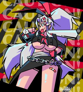 1girl alternate_costume animal_ears artist_name azur_lane bandaid baseball_bat breasts chain earrings english_text fake_animal_ears fingerless_gloves gloves hair_ornament highres holding holding_baseball_bat jewelry large_breasts long_hair one_eye_closed ponytail prinz_heinrich_(azur_lane) red_eyes sirhoopsalot skirt text_background tongue tongue_out underboob very_long_hair white_hair