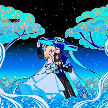 1boy 1girl absurdres arctic_foxy arm_cutout armor belt black_belt black_bodysuit black_gloves black_shorts blonde_hair blue_cape blue_flower blue_hair blue_hat blue_kimono blue_sleeves blue_trim blunt_ends bodysuit bridal_gauntlets cape closed_eyes clothing_cutout commentary detached_sleeves dress english_commentary eyelashes facing_another feathers field fingerless_gloves flower flower_field genshin_impact gloves gold gold_ring grey_bridal_gauntlets hair_flower hair_ornament hakama hakama_shorts hand_up hat hetero highres hip_vent japanese_armor japanese_clothes jingasa juban kimono kote kurokote layered_sleeves light_blush looking_at_another lumine_(genshin_impact) mandarin_collar middle_ring multicolored_flower night open_clothes open_kimono open_mouth outdoors palms_together pleated_shorts purple_rope purple_sash rope sash scaramouche_(genshin_impact) scarf short_hair short_hair_with_long_locks short_sleeves shorts sidelocks sideways_mouth single_bare_shoulder sky star_(sky) star_(symbol) star_print starry_sky tree vambraces wanderer_(genshin_impact) white_dress white_flower white_kimono white_scarf white_sleeves yellow_eyes yellow_feathers