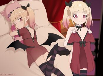 1girl ass babydoll bed_sheet black_ribbon black_thighhighs blonde_hair blunt_bangs blush closed_mouth demon_wings dress gradient_hair hair_ribbon hime-sama_"goumon"_no_jikan_desu holding holding_unworn_clothes hugging_object indoors loli looking_at_viewer low_wings lying multicolored_hair multiple_views nail_polish no_shoes nude on_bed on_stomach pestil pillow pink_hair pointy_ears red_dress red_eyes ribbon see-through_clothes smile striped_clothes striped_thighhighs stuffed_toy thighhighs twintails unworn_dress vanilla_peschutz wings