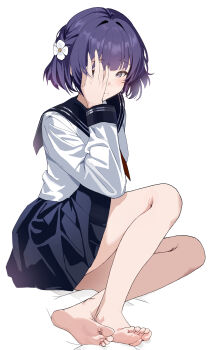 1girl absurdres aweqdre barefoot black_sailor_collar black_skirt blunt_bangs blush braid breasts closed_mouth commentary_request flower from_side full_body gakuen_idolmaster hair_flower hair_ornament hand_over_eye hand_up hataya_misuzu highres idolmaster long_sleeves looking_at_viewer looking_to_the_side mole mole_under_mouth neckerchief peeking_through_fingers pleated_skirt purple_eyes purple_hair red_neckerchief sailor_collar school_uniform serafuku shirt short_hair side_braid simple_background sitting skirt small_breasts smile soles white_background white_flower white_shirt