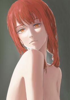 1girl aanryus absurdres chainsaw_man closed_mouth expressionless grey_background highres long_hair looking_at_viewer makima_(chainsaw_man) red_hair ringed_eyes solo topless_female yellow_eyes