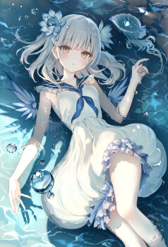 1girl blue_neckerchief blue_sailor_collar blush braid breasts brown_eyes commentary_request dress feathered_wings frilled_dress frilled_sailor_collar frills grey_hair hair_ornament hand_up highres kouyafu long_hair looking_at_viewer lying medium_hair neckerchief on_back original parted_lips partially_submerged sailor_collar sailor_dress sleeveless sleeveless_dress solo water white_dress white_hair wings