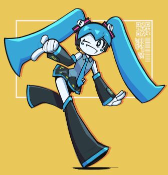 1girl absurdres android aqua_eyes aqua_hair aqua_necktie black_skirt black_sleeves blackbolt_lonewolf colored_skin cosplay detached_sleeves grey_shirt hatsune_miku hatsune_miku_(cosplay) headphones headset highres humanoid_robot jenny_wakeman my_life_as_a_teenage_robot necktie one_eye_closed robot robot_girl shirt skirt twintails vocaloid white_skin yellow_background