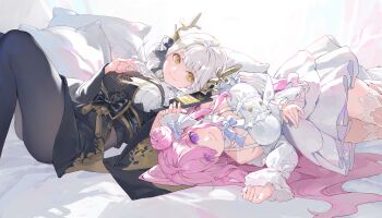 2girls absurdres antlers bed_sheet black_bow black_kimono black_pantyhose blanc_(nikke) blanc_(white_rabbit)_(nikke) bow bowtie breasts commentary_request dorothy_(nikke) dress eyes_visible_through_hair goddess_of_victory:_nikke hair_bun hanetsuki highres horns japanese_clothes kimono large_breasts long_hair looking_at_viewer lying multiple_girls on_side pantyhose pillow pink_hair purple_eyes sentter side_slit sidelocks single_side_bun smile very_long_hair white_bow white_bowtie white_dress white_hair yellow_eyes