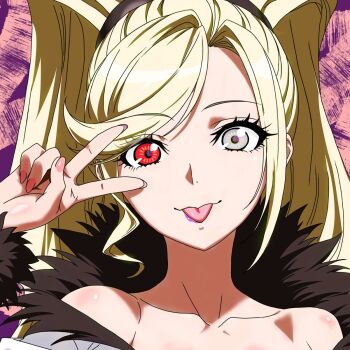 1girl absurdly_long_hair bare_shoulders blonde_hair dress fur_trim heterochromia high_ponytail highres hilda_(under_night_in-birth) long_hair looking_at_viewer makeup off-shoulder_dress off_shoulder ponytail red_eyes smile solo swept_bangs tongue tongue_out twilightteller under_night_in-birth upper_body v very_long_hair white_eyes