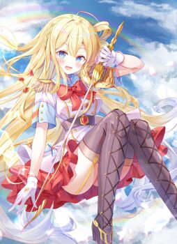 Rule 34 | 1girl, ahoge, battle spirits, blonde hair, blue eyes, blue sky, boots, bow, bowtie, braid, cloud, cloudy sky, commentary request, dress, epaulettes, gloves, gradient hair, hair rings, haundo b, highres, holding, holding sword, holding weapon, looking at viewer, multicolored hair, open mouth, rainbow, red bow, red bowtie, rei ooba, short sleeves, sky, solo, sword, thigh boots, weapon, white gloves