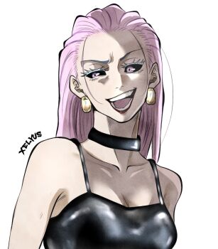 1girl artist_name bare_shoulders black_camisole black_choker black_sclera breasts camisole choker collarbone colored_eyelashes colored_sclera earrings english_text facing_viewer frown hair_slicked_back jewelry jujutsu_kaisen lipstick long_hair looking_to_the_side makeup medium_breasts open_mouth pink_eyes pink_hair red_lips signature simple_background smile solo upper_body uro_takako white_background xelyus