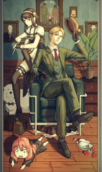 Rule 34 | 1boy, 2girls, animal, anya (spy x family), black dress, black hair, blonde hair, bond (spy x family), coat, coll, dog, dress, family, gloves, green coat, green eyes, green pants, green shirt, gun, hair ornament, hat, highres, holding, holding gun, holding unworn clothes, holding unworn hat, holding weapon, long hair, multiple girls, needle, niaode, pants, picture frame, plant, potted plant, red eyes, shirt, shoes, short hair, sitting, sleeveless, sleeveless dress, spy, spy x family, thighs, twilight (spy x family), unworn hat, unworn headwear, weapon, yor briar