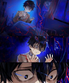 1boy bandaged_neck bandages bed black_eyes black_hair commentary curtains english_commentary hair_between_eyes hands_up highres hospital_bed indoors japanese_clothes kimono looking_at_hands looking_at_self male_focus messy_hair mystic_eyes_of_death_perception scared scene_reference scenery short_hair synniann tohno_shiki tsukihime tsukihime_(remake) window