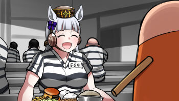 12_billion_yen_incident 1girl animal_ears aramori_susumu bench blunt_bangs bow brown_hat commentary ear_bow food french_fries gintama gold_ship_(umamusume) grey_hair hamburger_steak hat headgear highres holding holding_tray horse_ears horse_girl indoors justaway long_hair number_pun people pillbox_hat prison_clothes purple_bow rice shirt short_sleeves sitting striped_clothes striped_shirt tray umamusume