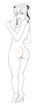 1girl ass breasts butt_crack dead_or_alive gluteal_fold high_heels looking_at_viewer looking_back marie_rose nude sideboob simple_background sketch solo sunbeam_(artist) twintails