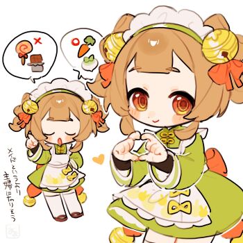 Rule 34 | 1girl, :o, apron, back bow, bell, blunt bangs, blush, bow, bow-shaped hair, brown eyes, brown hair, candy, carrot, china dress, chinese clothes, chocolate, chocolate bar, closed eyes, closed mouth, commentary request, double-parted bangs, dress, food, frilled apron, frills, genshin impact, green dress, hair bell, hair ornament, hair ribbon, hand on own hip, hand up, heart, heart hands, highres, index finger raised, jingle bell, lollipop, long sleeves, looking at viewer, maid, maid apron, maid headdress, mandarin collar, medium hair, multiple views, oooma 155, open mouth, orange bow, orange ribbon, qi maid, radish, ribbon, short eyebrows, sidelocks, simple background, smile, speech bubble, spoken food, standing, swirl lollipop, thighhighs, translation request, two side up, u u, white apron, white background, white thighhighs, yaoyao (genshin impact)