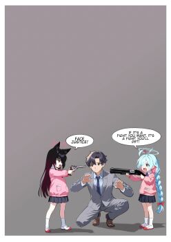 1boy 2girls aged_down ahoge aiming animal_ear_fluff animal_ears bilingual_commentary black_hair black_skirt blue_archive blue_eyes blue_hair blue_halo blue_ribbon border brown_eyes brown_hair child colored_inner_hair commentary commission english_commentary eye_contact formal_clothes fox_ears fox_girl from_side full_body general_student_council_president_(blue_archive) grey_background grey_pants grey_suit gun hair_over_one_eye halo hands_up highres holding holding_gun holding_weapon huge_ahoge kneehighs long_bangs long_hair long_sleeves looking_at_another melissa_v2 miniskirt mixed-language_commentary multicolored_hair multiple_girls neck_ribbon one_eye_covered open_mouth pants pink_halo pink_shirt pleated_skirt profile red_eyes red_halo ribbon sensei_(blue_archive) shadow shirt short_hair simple_background skirt socks squatting standing straight_hair suit tareme teeth tsurime two-tone_hair upper_teeth_only very_long_hair weapon white_border white_socks yukino_(blue_archive)