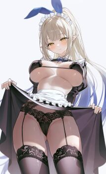 1girl absurdres apron black_bra black_panties black_ribbon black_sarong black_skirt black_thighhighs blonde_hair bra breasts cameltoe chaperina_philosys clothes_lift cowboy_shot frilled_apron frills fymrie garter_belt garter_straps highres lace lace-trimmed_bra lace-trimmed_thighhighs lace_panties lace_trim large_breasts lifting_own_clothes long_hair maid_apron maid_headdress neck_ribbon original panties pointy_ears ponytail ribbon sarong simple_background skirt skirt_lift smile solo thighhighs underwear white_apron white_background white_headdress yellow_eyes