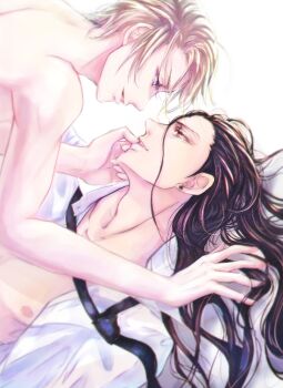 2boys adam's_apple artist_name bindi black_hair black_neckwear blonde_hair blue_eyes collarbone earrings eyelashes face-to-face final_fantasy final_fantasy_vii final_fantasy_vii_remake hair_over_face hand_on_another's_face highres jewelry long_hair looking_at_another lying male_focus messy_hair multiple_boys necktie nipples parted_lips pectorals ponco_pacoooon profile red_eyes rufus_shinra shirt short_hair square_enix topless_male tseng turks_(ff7) unbuttoned unbuttoned_shirt white_shirt yaoi