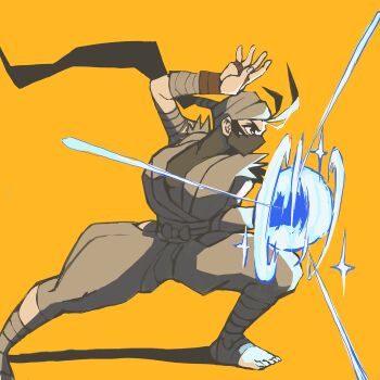 antenna_hair bandaged_arm bandages bandana barefoot black_hair bow clothing_cutout energy energy_ball fingerless_gloves gloves glowing highres hip_vent ibuki_(street_fighter) mask multicolored_hair ninja orange_background ponytail sparkle streaked_hair street_fighter street_fighter_iii_(series) torn_clothes torn_sleeves waist_bow