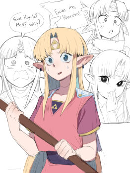 Rule 34 | 1girl, absurdres, anger vein, blonde hair, blue eyes, cape, covering own mouth, dress, ear piercing, earrings, english text, hand over own mouth, highres, holding, jewelry, long hair, looking at viewer, multiple views, nintendo, note, open mouth, parted bangs, piercing, pink tunic, pointy ears, princess zelda, purple sleeves, sash, sho-n-d, short cape, short sleeves, sidelocks, smile, speech bubble, staff, sweatdrop, the legend of zelda, the legend of zelda: echoes of wisdom, tri rod, triforce, tunic, white cape