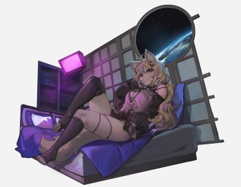 1girl :3 ahoge animal_ear_fluff animal_ears asymmetrical_legwear bed blonde_hair breasts cat_ears cat_girl cat_tail clothing_cutout colored_inner_hair facial_mark highres indie_virtual_youtuber long_hair looking_at_viewer medium_breasts multicolored_hair paintrfiend purple_hair red_eyes shyrei_faolan single_thighhigh solo tail thighhighs toeless_legwear two-tone_hair underboob_cutout virtual_youtuber whisker_markings