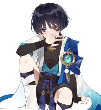 1boy anemo_symbol_(genshin_impact) arm_at_side arm_on_knee arm_support armor averting_eyes black_bodysuit black_bow black_bridal_gauntlets black_hair black_shorts blue_cape blue_kimono blue_sleeves blunt_ends blush bodysuit bow bridal_gauntlets cape commentary covering_own_mouth embarrassed eyeliner feathers fingernails furisode genshin_impact gold gold_ring hair_intakes hand_over_own_mouth hand_up highres japanese_armor japanese_clothes juban kimono knee_up kote kurokote layered_sleeves leg_warmers looking_to_the_side makeup male_focus middle_ring open_clothes open_kimono pom_pom_(clothes) purple_eyes purple_rope purple_sash red_eyeliner rope samon_(vxxr8575) sash scaramouche_(genshin_impact) short_sleeves shorts shoulder_peek sitting solo symbol-only_commentary tassel tsurime vision_(genshin_impact) wanderer_(genshin_impact) white_kimono white_leg_warmers white_sleeves white_trim wispy_bangs yellow_feathers