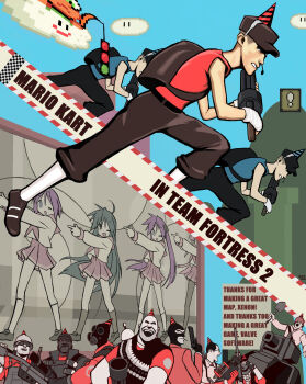 ! 00s 4chan 4girls 6+boys absurdres backpack bad_id bad_pixiv_id bag bandaged_hand bandolier belt blu_scout_(tf2) cowboy_hat dark_skin demoman_(tf2) engineer_(tf2) explosive eyepatch flamethrower gas_mask gatling_gun grenade gun handgun hard_hat hat heavy_(tf2) helmet highres hiiragi_kagami hiiragi_tsukasa holding_flamethrower holding_weapon izumi_konata lakitu lucky_star mario_(series) mario_kart mask medic_(tf2) military military_vehicle minigun motor_vehicle motteke!_serafuku multiple_boys multiple_girls nababa nintendo pantyhose party_hat pistol pyro_(tf2) red_demoman_(tf2) red_engineer_(tf2) red_heavy_(tf2) red_medic_(tf2) red_pyro_(tf2) red_scout_(tf2) red_sniper_(tf2) red_soldier_(tf2) red_spy_(tf2) rifle scout_(tf2) shovel siblings sisters sniper_(tf2) sniper_rifle soldier_(tf2) spy_(tf2) takara_miyuki tank team_fortress_2 traffic_light twins vehicle vest weapon