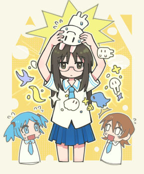 3girls aioi_yuuko ben-day_dots blue_eyes blue_hair blue_necktie blue_skirt brown_eyes brown_hair creature cropped_legs cropped_torso expressionless flying_sweatdrops glasses highres holding holding_creature long_hair minakami_mai mogura_(nichijou) multiple_girls naganohara_mio necktie nichijou open_mouth pleated_skirt rectangular_mouth school_uniform screentones short_twintails skirt tokisadame_school_uniform twintails yihe_mi