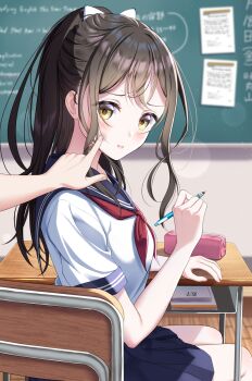 Rule 34 | 1girl, 1other, absurdres, ambiguous gender, black hair, blue sailor collar, blue skirt, blurry, blurry background, blush, chair, chalkboard, cheek poking, closed mouth, commentary request, depth of field, desk, fingernails, from side, hand up, highres, holding, holding pencil, hominotsu, indoors, long hair, looking at viewer, looking to the side, mechanical pencil, neckerchief, on chair, original, out of frame, pencil, pencil case, pleated skirt, poking, ponytail, pov, red neckerchief, sailor collar, school chair, school desk, school uniform, serafuku, shirt, sitting, skirt, summer uniform, turning head, white shirt, yellow eyes