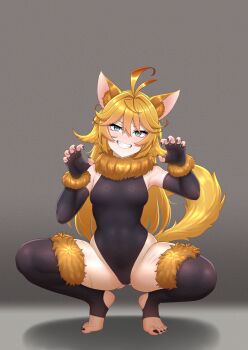 Rule 34 | 1girl, animal ears, bare shoulders, black leotard, black nails, blonde hair, breasts, bridal legwear, cipher4109, claw pose, cleavage, dokibird, dokibird (bounty hunter), extra ears, feet, fingerless gloves, fur scarf, fur sleeves, fur trim, gloves, green eyes, halloween, halloween costume, happy halloween, hashtag-only commentary, highres, indie virtual youtuber, large breasts, leotard, long hair, looking at viewer, medium breasts, nail polish, no shoes, smile, solo, tail, toeless legwear, toenail polish, toenails, toes, virtual youtuber, werewolf costume, wolf ears