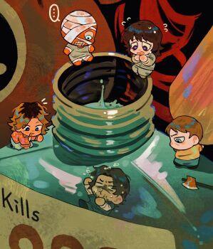 1girl 4boys :o a-kai202 anya_(mouthwashing) asphyxiation axe bandage_over_one_eye bandaged_head bandages black_hair blue_eyes brown_hair chibi chibi_only curly_(mouthwashing) curly_(post-crash)_(mouthwashing) daisuke_(mouthwashing) drowning highres hospital_gown jimmy_(mouthwashing) looking_down mini_person miniboy minigirl mouthwash mouthwashing multiple_boys no_skin open_mouth purple_eyes skinned smile swansea_(mouthwashing) underwater worried