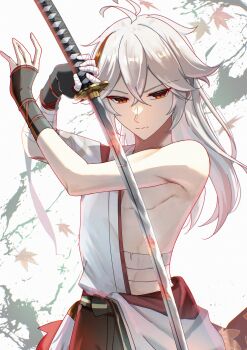1boy ahoge bishounen commentary_request cowboy_shot fighting_stance genshin_impact hair_between_eyes hidu713 highres holding holding_sword holding_weapon japanese_clothes kaedehara_kazuha katana kimono long_hair looking_at_viewer male_focus open_clothes ox_guard red_eyes solo sword weapon white_hair white_kimono