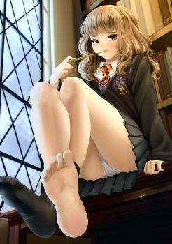 1girl artist_name bad_id bad_pixiv_id barefoot black_skirt book bookshelf brown_eyes brown_hair closed_mouth collared_shirt commentary day diagonal-striped_clothes diagonal-striped_necktie diagonal-striped_neckwear dkoro english_commentary female_focus foot_focus harry_potter_(series) hermione_granger highres holding holding_wand indoors long_hair long_sleeves looking_at_viewer necktie orange_necktie panties pantyshot pleated_skirt school_uniform shirt sitting skirt sleeves_past_wrists smile solo striped_clothes striped_necktie striped_neckwear underwear upskirt wand white_panties white_shirt window wing_collar wizarding_world
