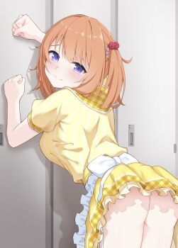 1girl arm_support ass back_bow blush bow cafe_stella_to_shinigami_no_chou clenched_hands closed_mouth clothes_lift commentary_request cowboy_shot frilled_skirt frills furrowed_brow hair_between_eyes hair_intakes hair_over_shoulder highres indoors leaning_forward locker looking_at_viewer looking_back medium_hair no_panties orange_hair plaid_clothes plaid_collar plaid_skirt puffy_short_sleeves puffy_sleeves purple_eyes shadow shirt short_sleeves skirt skirt_lift smile solo split_mouth striped_clothes striped_shirt sumizome_nozomi twintails vertical-striped_clothes vertical-striped_shirt waitress white_bow yamichi_(yamichi8369) yellow_shirt yellow_skirt