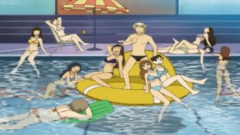 1boy 6+girls animated animated_gif barefoot beach_chair bikini black_swim_briefs blonde_hair blue_hair breasts brown_hair fukuyama_kazuharu girls_bravo long_hair male_swimwear multiple_girls navel partially_submerged pool pool_float short_hair swim_briefs swimming swimsuit topless_male