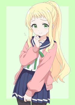 Rule 34 | 1girl, black pantyhose, blonde hair, blue sailor collar, blue sky, blush, closed mouth, collarbone, dot nose, feet out of frame, female focus, green background, green eyes, inose mai, jin 1116, koisuru asteroid, long hair, long sleeves, looking at viewer, open clothes, open sweater, pantyhose, pink sweater, ponytail, sailor collar, school uniform, serafuku, shirt, short sleeves, simple background, skirt, sky, smile, solo, standing, sweater, white shirt