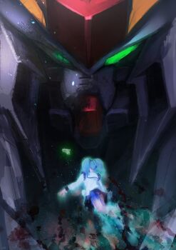 Rule 34 | 1girl, aqua hair, char's counterattack, commentary, damaged, english commentary, flying, ghost, green eyes, gundam, gundam hathaway's flash, highres, light particles, mecha, mobile suit, nori (arara105), portrait, psycho frame, quess paraya, robot, shirt, twintails, white shirt, xi gundam