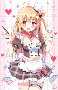 1girl :d ahoge apron blonde_hair blush bow breasts brown_shirt character_request chef_hat cleavage commentary_request copyright_request cowboy_shot crop_top cropped_shirt dot_nose frilled_thigh_strap hair_between_eyes hat heart heart_o-ring highres holding holding_stylus long_hair looking_at_viewer medium_breasts midriff navel neckerchief o-ring o-ring_thigh_strap open_mouth red_bow red_eyes red_neckerchief shirt short_sleeves skirt skirt_bow smile solo stylus thigh_strap tobio_illust virtual_youtuber waist_apron white_apron white_hat