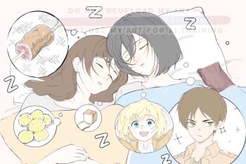 2boys 2girls 5nd_0mc armin_arlert black_hair blonde_hair blue_eyes boned_meat bread bread_slice brown_hair brown_jacket closed_eyes drooling eren_yeager facial_scar food green_eyes grey_shirt hair_between_eyes image_in_thought_bubble jacket loaf_of_bread long_hair meat mikasa_ackerman mouth_drool multiple_boys multiple_girls parted_lips pillow potato sasha_blouse scar scar_on_cheek scar_on_face shingeki_no_kyojin shirt short_hair sleeping sparkle under_covers upper_body