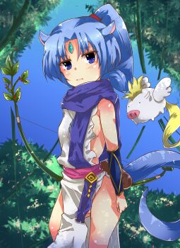 Rule 34 | 10s, 1girl, animal ears, blue eyes, blue hair, blush, bow, bracer, breasts, bush, china dress, chinese clothes, day, dog days, dress, female focus, forehead jewel, highres, jyuuji, matching hair/eyes, no bra, no panties, pig, plant, ponytail, quiver, sash, scarf, sharu (dog days), side slit, sideboob, sky, small breasts, solo, tabard, tail, tree, vines, wings