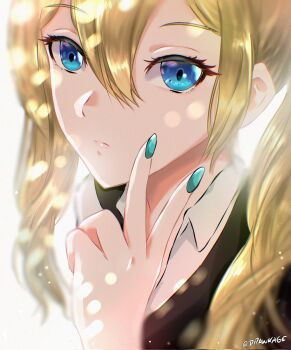 Rule 34 | 1girl, artist name, black sweater vest, blonde hair, blue eyes, blue nails, closed mouth, commentary, drawkage, english commentary, hayasaka ai, highres, kaguya-sama wa kokurasetai ~tensai-tachi no renai zunousen~, long hair, looking at viewer, nail polish, school uniform, shirt, side ponytail, solo, sweater, sweater vest, twitter username, v, vest, white shirt
