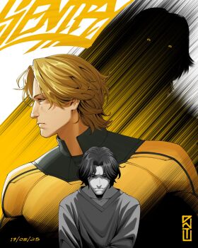 3boys blonde_hair character_name commentary dated dnt_agun frown highres large_pectorals looking_to_the_side male_focus marvel multiple_boys multiple_persona pectorals robert_reynolds sentry_(marvel) signature thunderbolts_(movie) void_(marvel) yellow_eyes