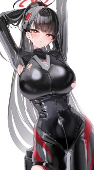 Rule 34 | 1girl, absurdres, armpits, arms up, black bodysuit, black hair, black halo, blue archive, bodysuit, bright pupils, commentary request, gluteal fold, halo, highres, impossible bodysuit, impossible clothes, kithera, latex, latex bodysuit, long hair, looking at viewer, multicolored halo, official alternate hairstyle, red eyes, ringed eyes, rio (blue archive), rio (bodysuit) (blue archive), skin tight, solo, thigh gap, torn bodysuit, torn clothes, two-tone halo, white background, white pupils