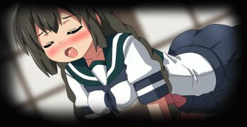 animated animated_gif blush bow braid convenient_censoring hair_bow hangaku implied_sex isonami_(kancolle) moaning sailor_collar school_uniform serafuku suggestive_fluid tagme twin_braids
