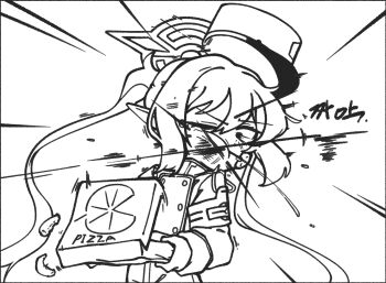 0dot001hz 1girl armband blood blue_archive bruise bruise_on_face buttons commentary_request double-breasted emphasis_lines gauze gauze_on_cheek gauze_on_face halo hat holding injury kepi korean_commentary korean_text military_hat motion_lines nozomi_(blue_archive) pizza_box pointy_ears ryona slapping translation_request twintails wince