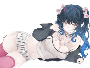 1girl amemiya_darumi apolonia-07 bare_shoulders blue_hair blush breasts duplicate fingernails hair_ornament highres hood hoodie ibispaint_(medium) jewelry large_breasts long_hair looking_at_viewer multicolored_hair pink_eyes self-upload simple_background the_hundred_line_-last_defense_academy- thighhighs twintails