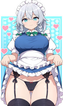 1girl apron black_panties black_thighhighs blue_dress blue_eyes bow bowtie braid breasts cameltoe closed_mouth clothes_lift collared_shirt commentary_request dress dress_lift frilled_dress frills garter_straps gluteal_fold green_bow green_bowtie grey_hair hair_between_eyes hair_bow heart highres izayoi_sakuya large_breasts lifting_own_clothes long_hair looking_at_viewer maid_headdress paid_reward_available panties pinafore_dress puffy_short_sleeves puffy_sleeves rizento shirt short_sleeves sleeveless sleeveless_dress smile solo sweatdrop thighhighs thighs touhou twin_braids underwear waist_apron white_shirt