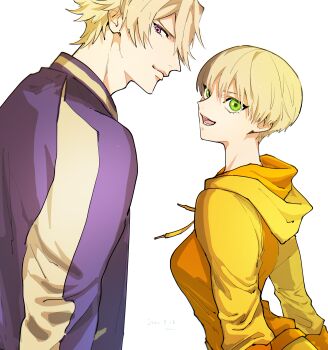 1boy 1girl absurdres blonde_hair breasts closed_mouth commentary_request eyelashes green_eyes hasuhappa highres hood hood_down hoodie huang_pao-lin ivan_karelin jacket looking_back open_mouth orange_jacket purple_eyes short_hair simple_background sleeveless sleeveless_jacket smile teeth tiger_&amp;_bunny upper_body very_short_hair white_background yellow_hoodie